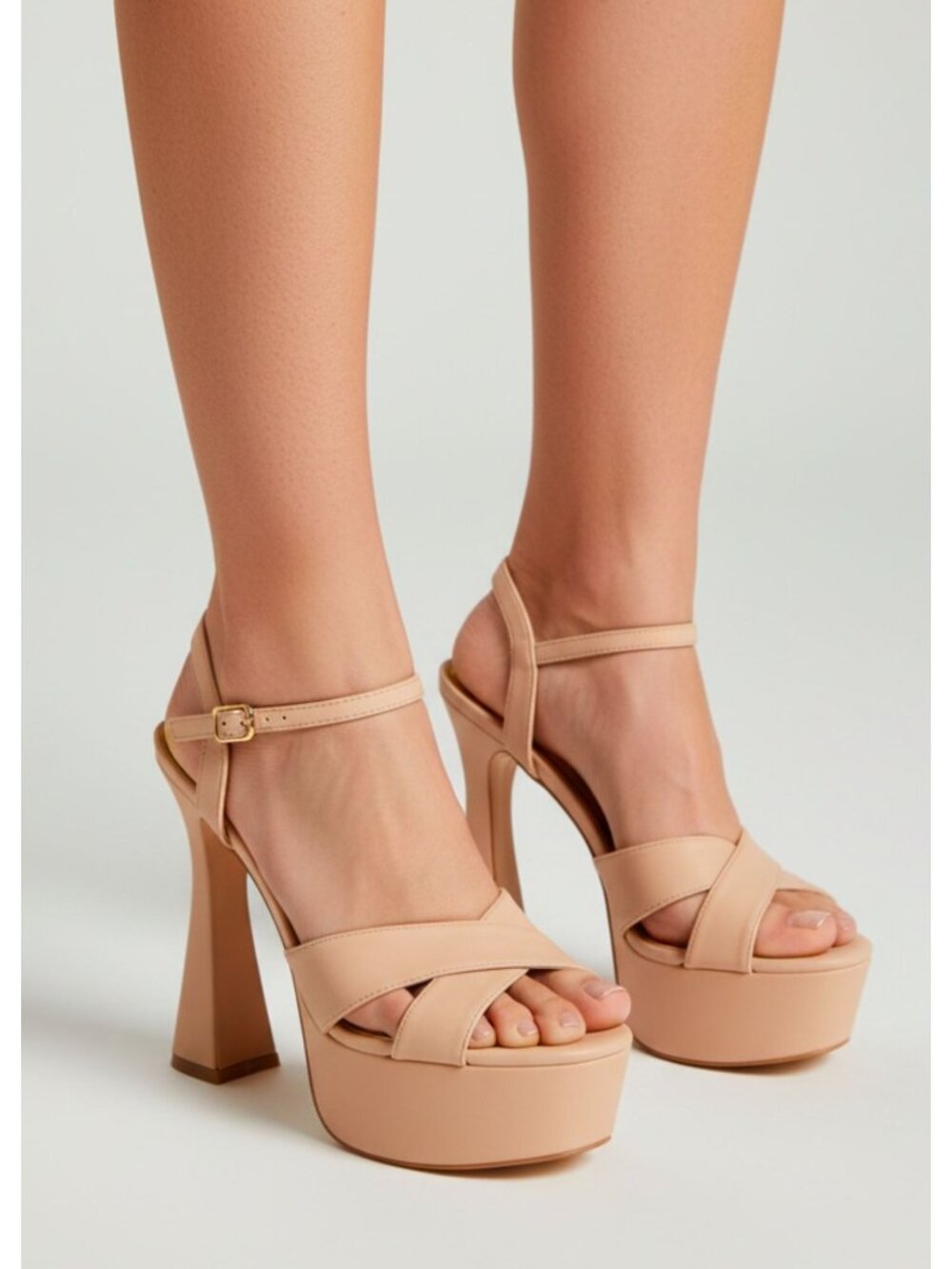 High Heel Nude Platform Sandals With Ankle Strap Open Toe And Cross Band Design